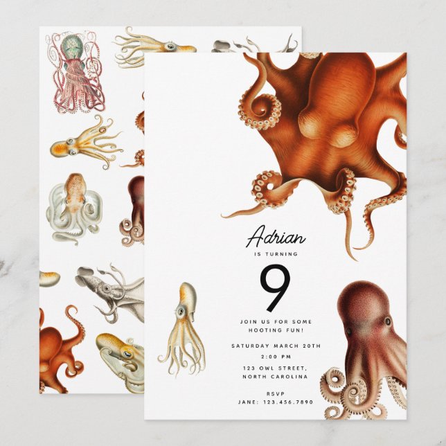 Invitación Octopus Cephalopod Ocean Animals Cumpleaños (Anverso / Reverso)