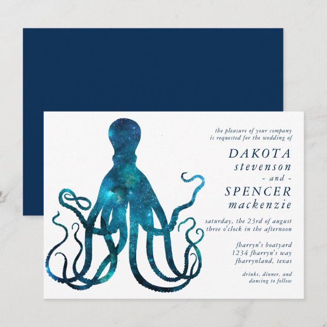 Invitación Octopus cósmico naumático | Boda Marina Sea Life (Anverso / Reverso)