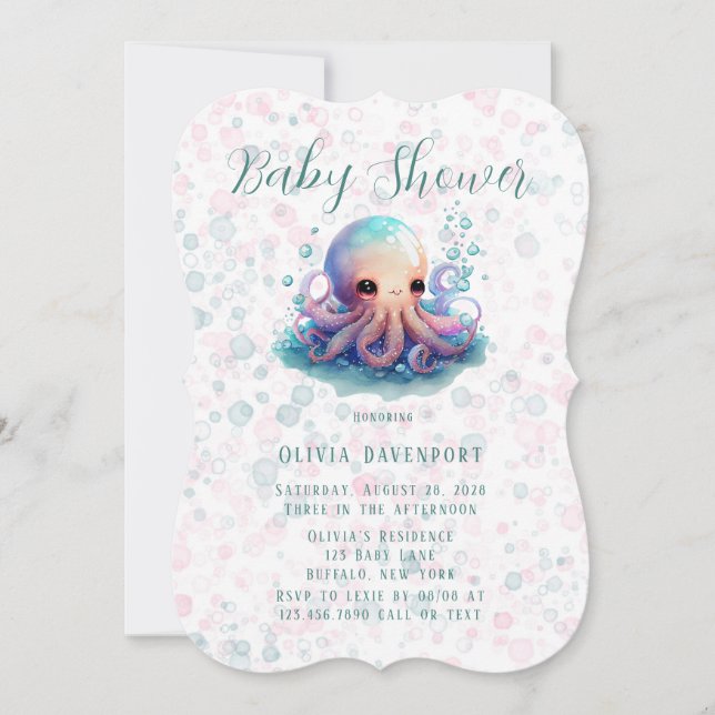 Invitación Octopus Cuadros De Agua Con Baby Shower De Burbuja (Anverso)
