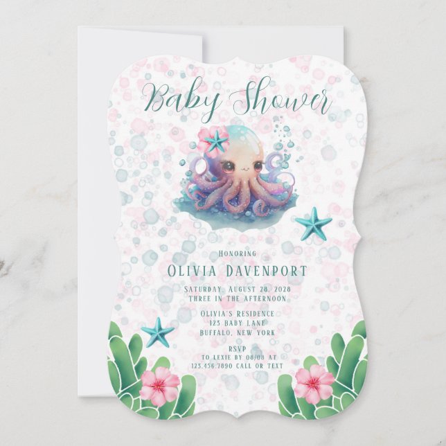 Invitación Octopus Cuadros De Agua Con Baby Shower De Burbuja (Anverso)