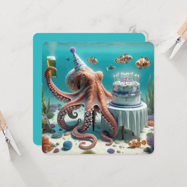 Invitación Octopus de cumpleaños con cerveza (Anverso/Reverso In Situ)