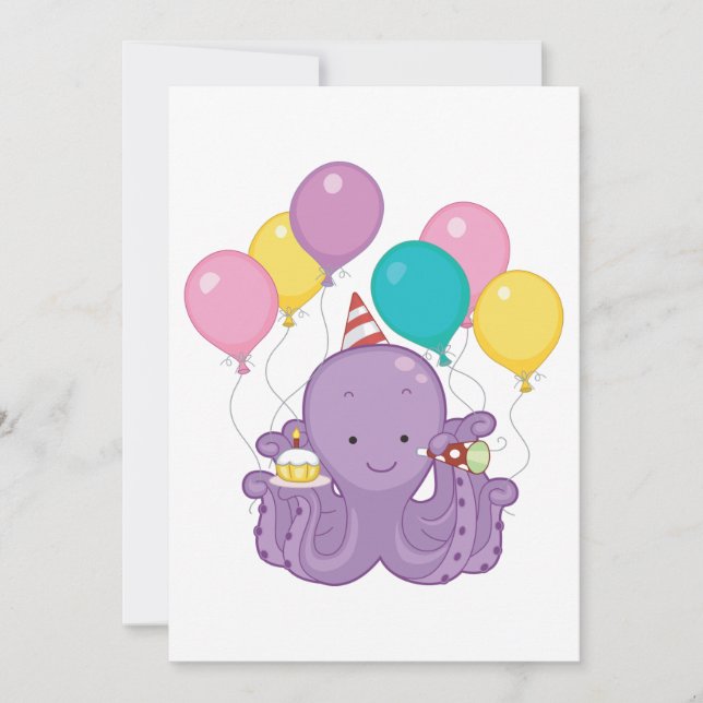Invitación Octopus de cumpleaños con globos y torta (Anverso)