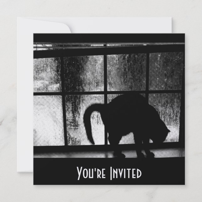 Invitación Octubre Ducha Silhouette Cat En La Ventana 2 B&W (Anverso)