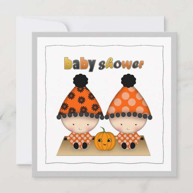 Invitación Octubre Halloween Otoño Gemelos Baby Shower (Anverso)