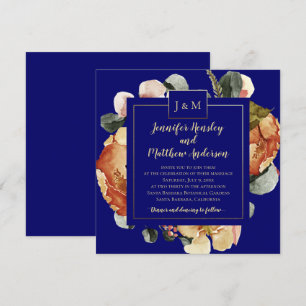 Invitación Octubre moderno florece Boda de Monograma Azul de