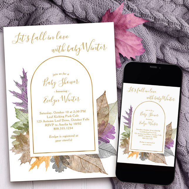Invitación Octubre se enamora y deja elegante Baby Shower (Fall in Love Baby Shower Invitation with modern arch and delicate autumn leaves)