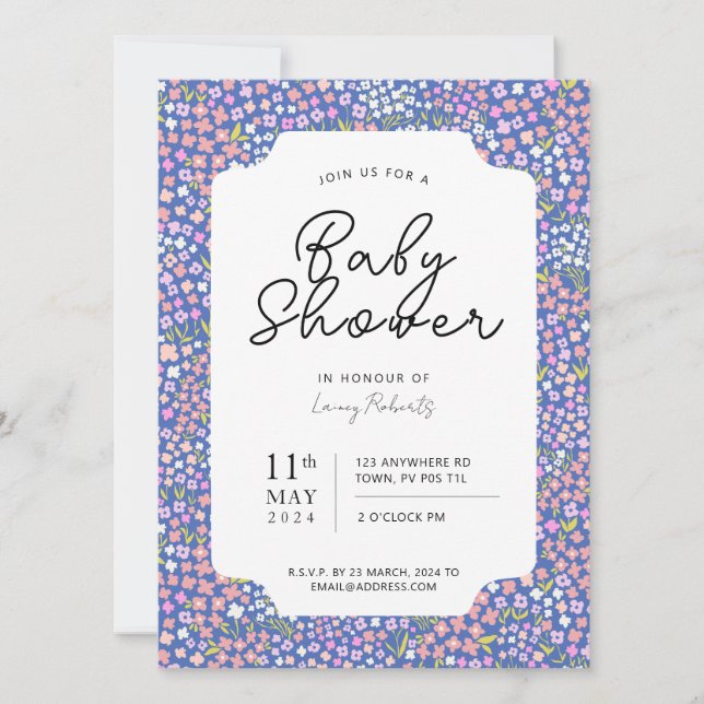Invitación Ocupado Ditsy Floral rosa y azul índigo Baby Showe (Anverso)