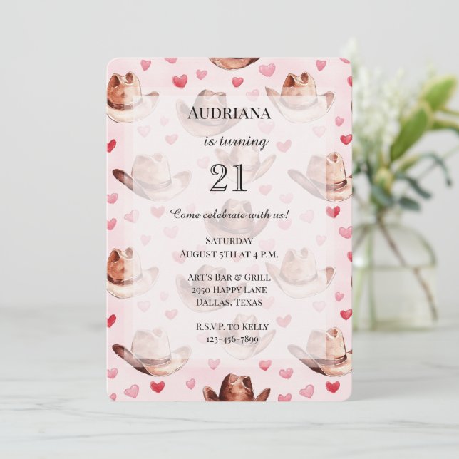 Invitación Oeste Brown Gorras de Vaquera Rosa Corazones Cumpl (Anverso de pie)