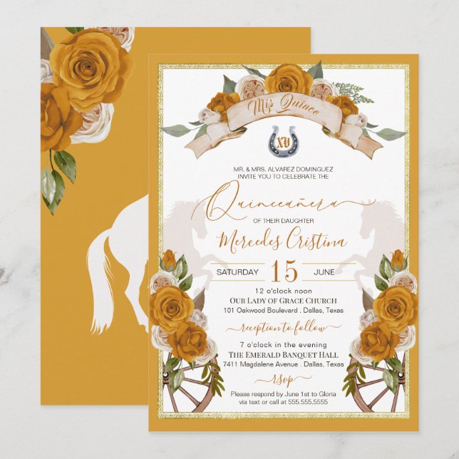 Invitación Oeste Charro Rosas Amarillas Doradas Quinceanera (Anverso / Reverso)