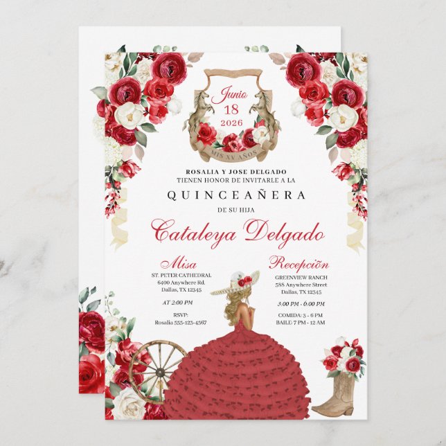 Invitación Oeste de Mariachi Roses Roses Charro Quinceañera (Anverso / Reverso)