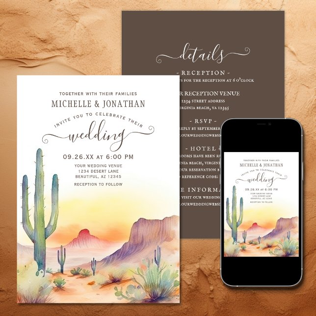 Invitación Oeste del desierto Cactus todo en un Boda (Printed and Digital - Southwestern Desert Cactus All in One Wedding Invitation)