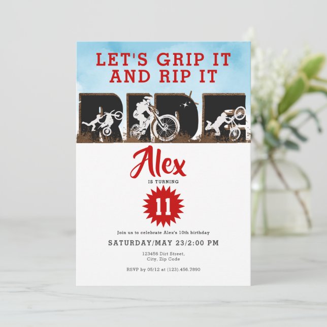 Invitación Off Road Adventure Dirt Bike Motocross Cumpleaños (Anverso de pie)