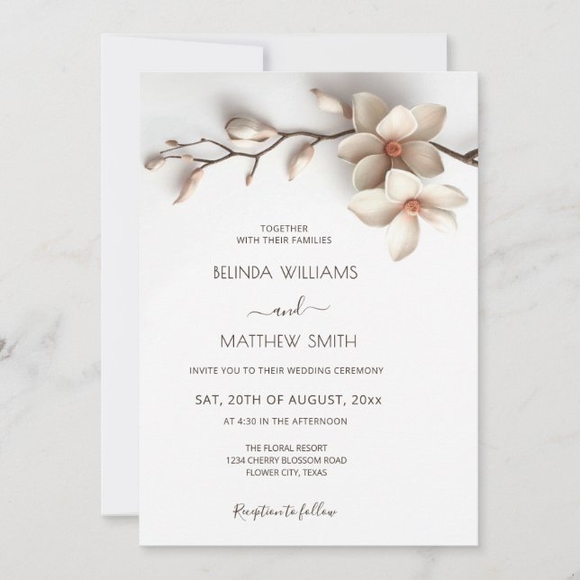 Invitación Off White 3 D Magnolia Flower Wedding (Anverso)