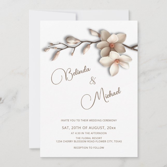 Invitación Off White Magnolia Raised Effect  Flower Wedding (Anverso)