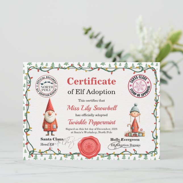 Invitación Official North Pole Elf Adoption Certificate  (Anverso de pie)