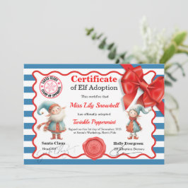 Invitación Official North Pole Elf Adoption Certificate 