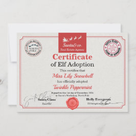 Invitación Official North Pole Elf Adoption Certificate 