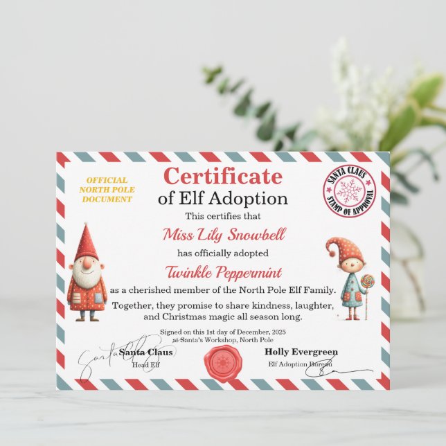 Invitación Official North Pole Elf Adoption Certificate  (Anverso de pie)