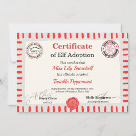 Invitación Official North Pole Elf Adoption Certificate 
