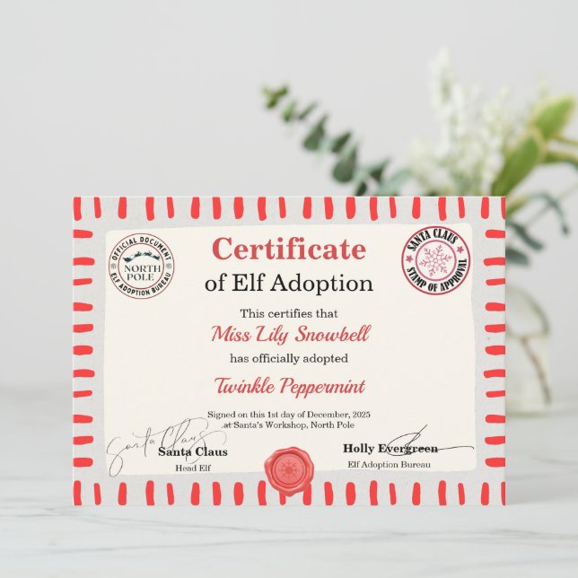 Invitación Official North Pole Elf Adoption Certificate  (Anverso de pie)