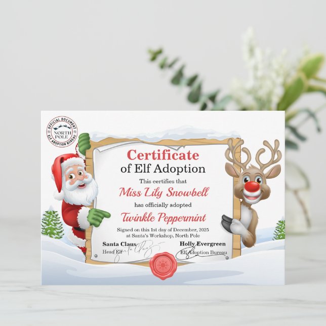Invitación Official North Pole Elf Adoption Certificate  (Anverso de pie)