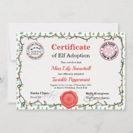 Invitación Official North Pole Elf Adoption Certificate 