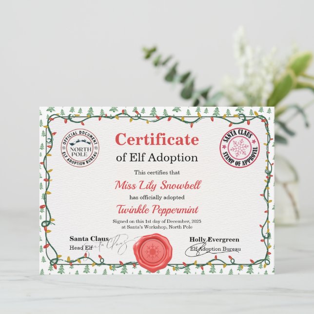 Invitación Official North Pole Elf Adoption Certificate  (Anverso de pie)