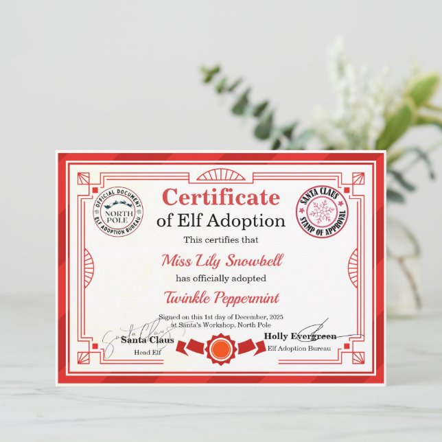 Invitación Official North Pole Elf Adoption Certificate  (Anverso de pie)