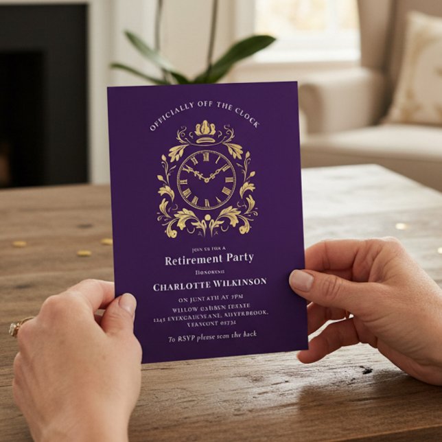 Invitación Officially Off The Clock Gold Scroll Retirement  (Subido por el creador)