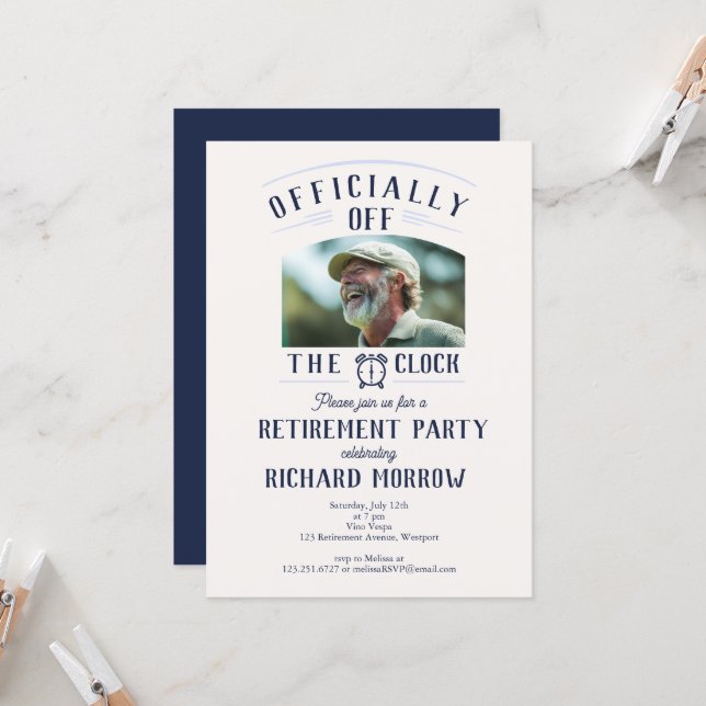 Invitación “Officially Off the Clock” Photo Retirement Party (Anverso/Reverso In Situ)