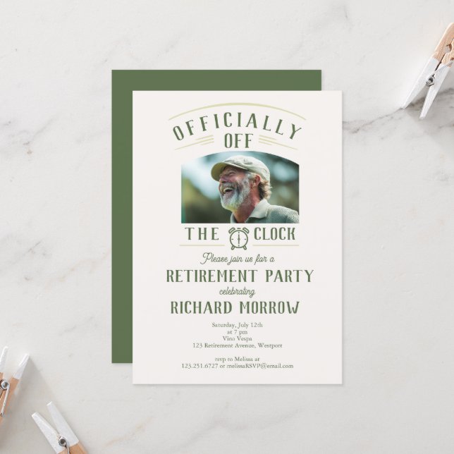 Invitación “Officially Off the Clock” Photo Retirement Party (Anverso/Reverso In Situ)