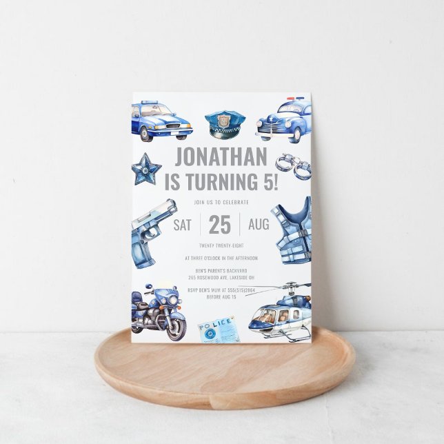 Invitación Oficial de policía hombres temática 5º partido de  (Police Officer Themed Boys 5th Birthday Party Invitation)