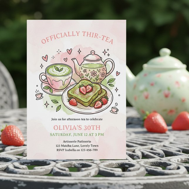 Invitación Oficialmente la Fiesta de Té Thir-Tea Matcha Cumpl (Match Tea Party Invitation - "Officially Thir-tea" 30th birthday (can edit to Twen-Tea, For-Tea etc))
