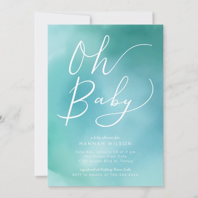 Invitación Oh acuarela azul verde azulada moderna Baby Shower (Anverso)