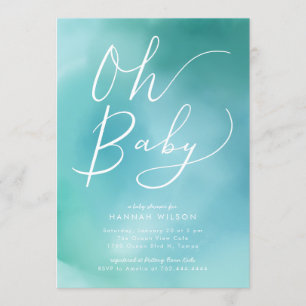 Invitación Oh acuarela azul verde azulada moderna Baby Shower