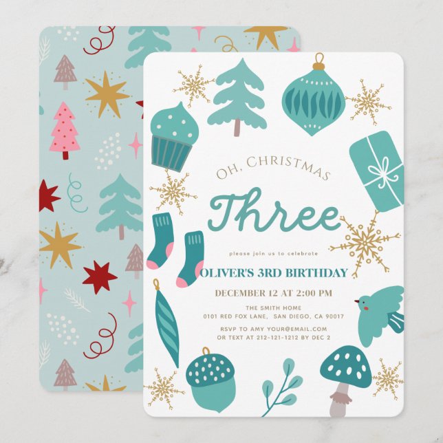 Invitación Oh Árbol de Navidad Cumpleaños Verde 3 (Anverso / Reverso)