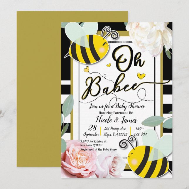 Invitación Oh BaBEE Abeja Floral Amarillo Oro Baby Shower (Anverso / Reverso)