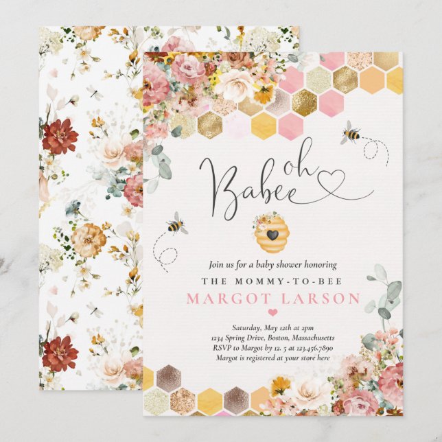 Invitación Oh Babee Bee Boho Wildflower Baby Shower (Anverso / Reverso)
