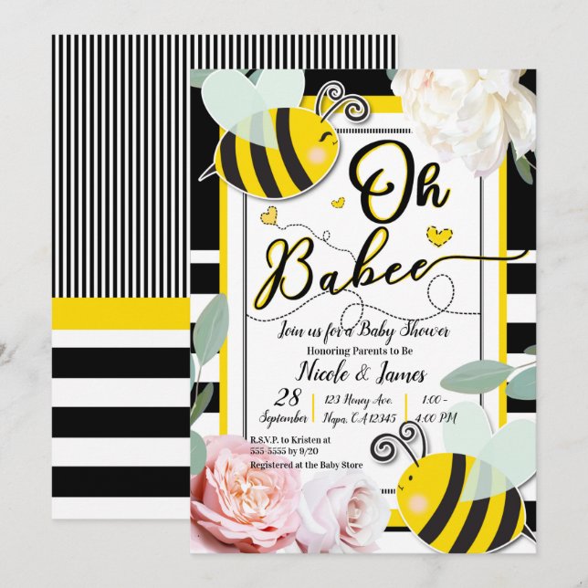 Invitación Oh BaBEE Bee Floral Moda amarillo Baby Shower (Anverso / Reverso)
