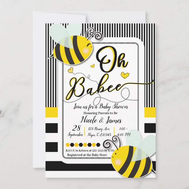 Invitación Oh BaBEE Bee Moderno Chic a Rayas Fiesta de Bebé (Anverso)