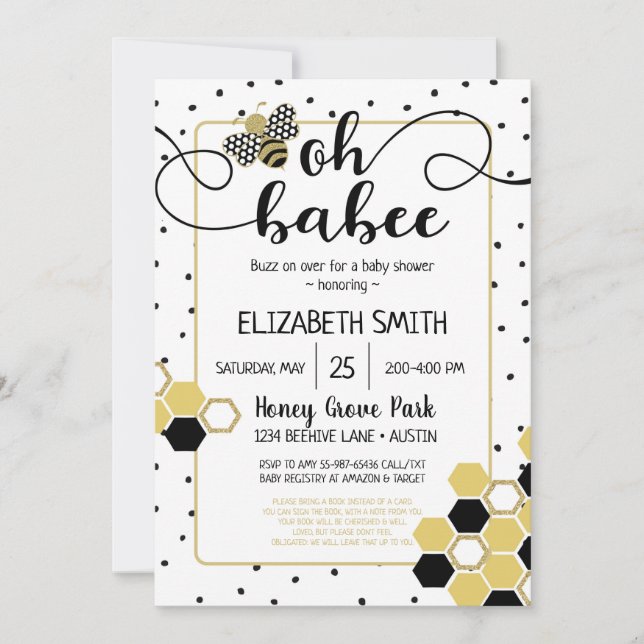 Invitación Oh Babee Bumblebee Gold Purpurina Black Baby Showe (Anverso)