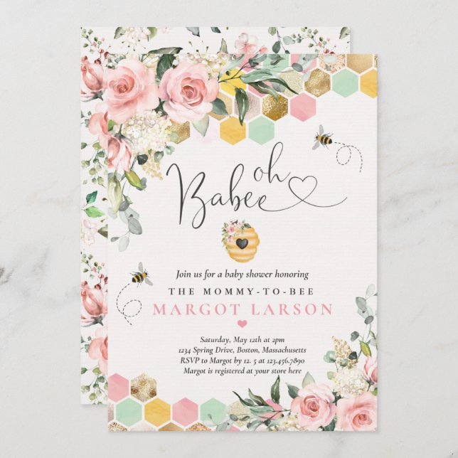 Invitación Oh Babee Greenery Pink & Gold Bee Baby Shower (Anverso / Reverso)