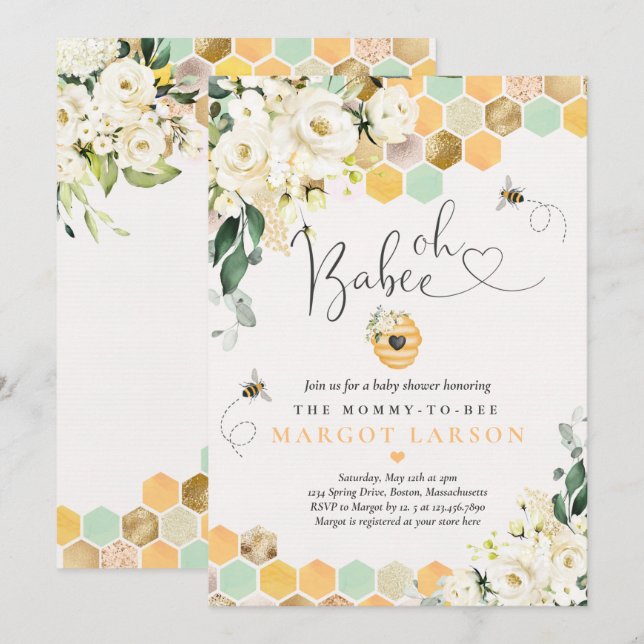 Invitación Oh Babee Greenery White Floral Baby Shower (Anverso / Reverso)