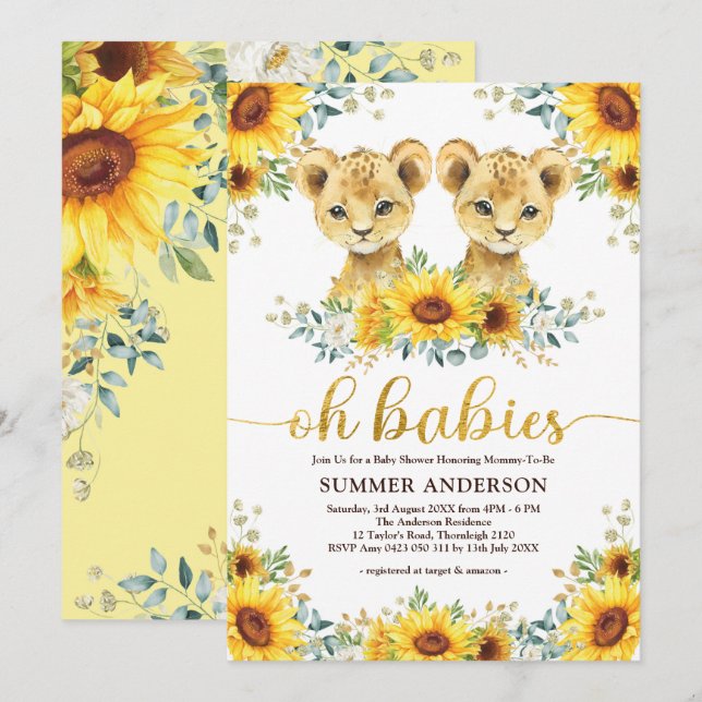 Invitación Oh Babies | Baby Shower de girasoles gemelos leone (Anverso / Reverso)