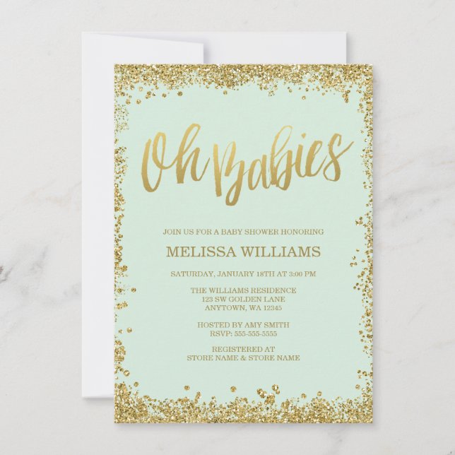 Invitación Oh Babies Mint Gold Purpurina Baby Shower (Anverso)