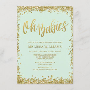 Invitación Oh Babies Mint Gold Purpurina Baby Shower