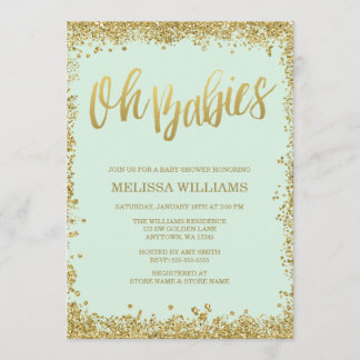 Invitación Oh Babies Mint Gold Purpurina Baby Shower