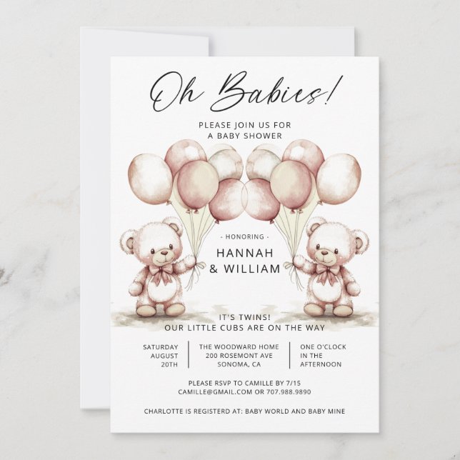 Invitación Oh Babies Twins Cute Watercolor Bears Baby Shower (Anverso)