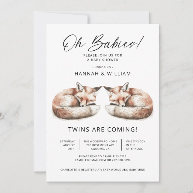 Invitación Oh Babies Twins Little Foxes Baby Shower (Anverso)