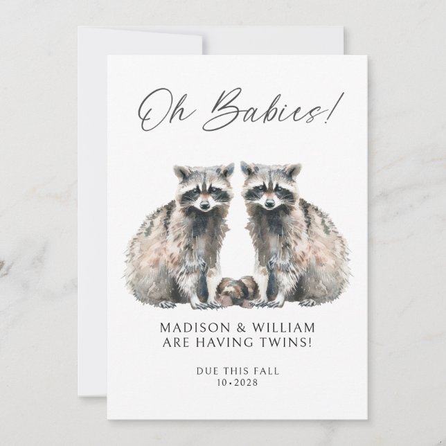 Invitación Oh Babies Twins On The Way Cute Twin Raccoons (Anverso)